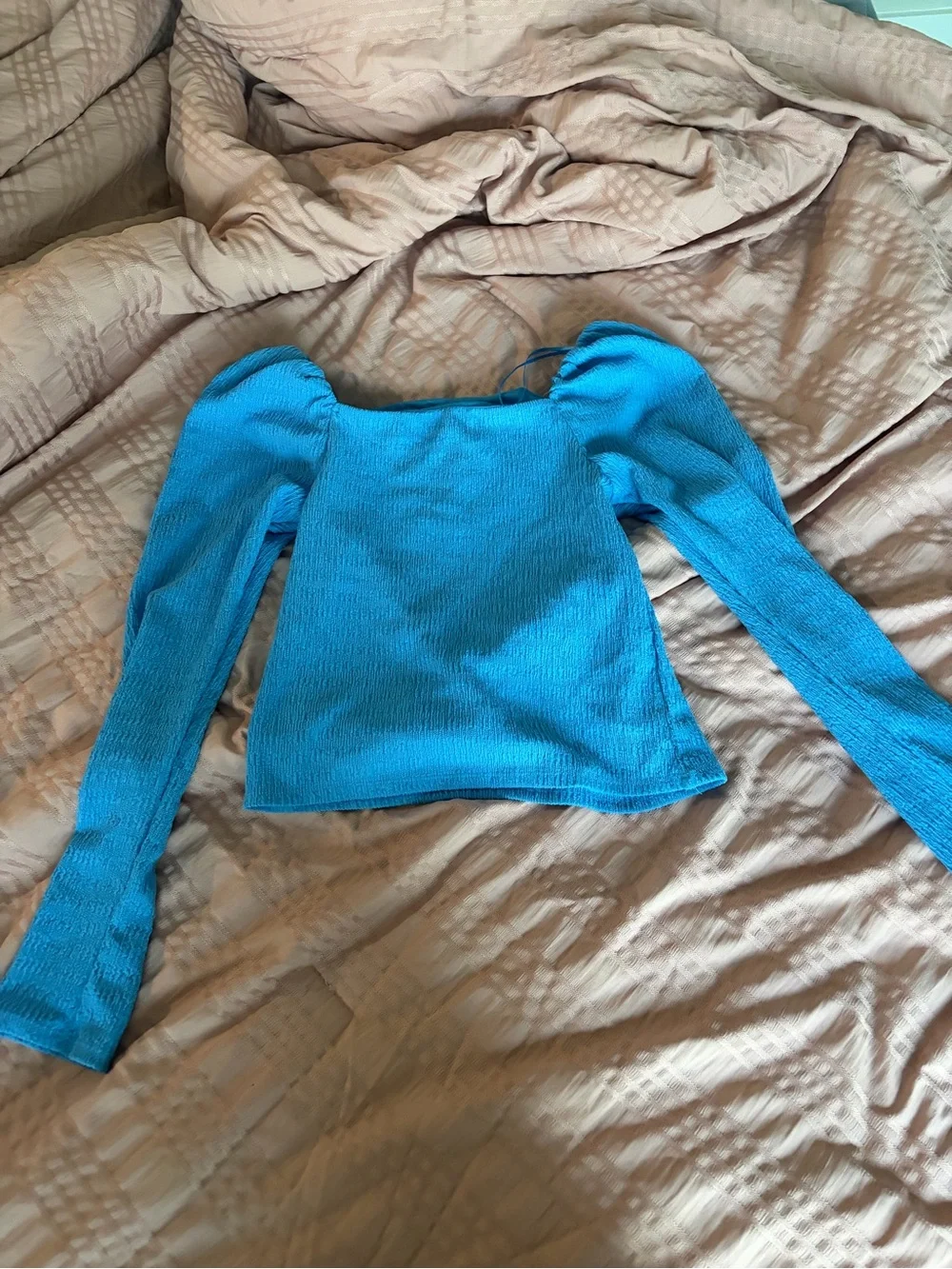 H&M Bright Blue Puff-Sleeve Square Neck Long Sleeve Top